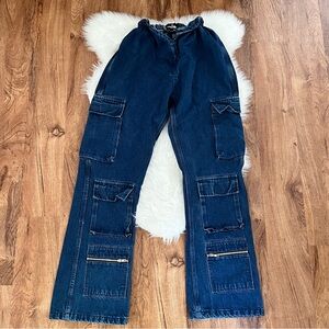 Varrene v cut dark blue cargo jeans long large streetwear